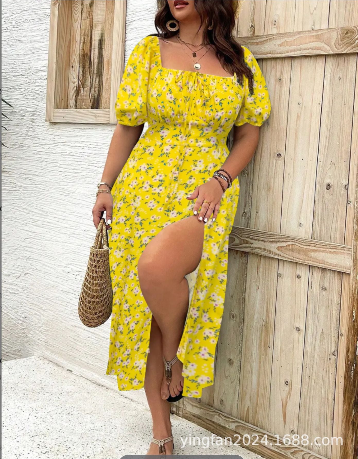 【Plus Size】 Ditsy Floral / All Over Print Split Thigh Dress, Casual Puff Sleeve Tie Front Dress, Bohemian Women Plus Clothing for Summer Beach Daily Wear, Elegant Plus Size, Boho Clothes Women, Womenswear - Seldom Seen Styles