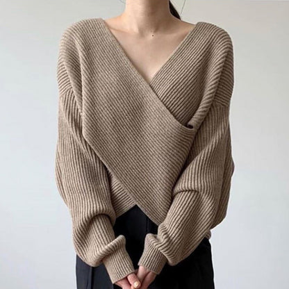 Women's Solid Color V Neck Long Sleeve Sweater with Cross Wrap Front and Asymmetric Hem - Comfort, Fashion - Seldom Seen Styles
