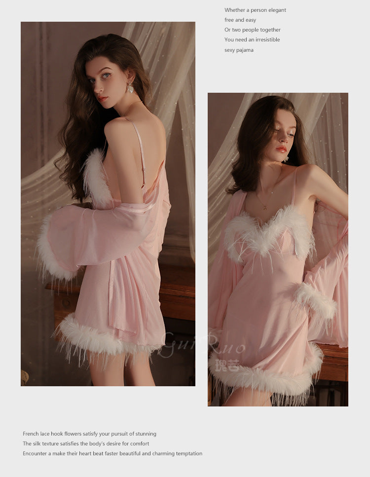 Womens Sexy 3 Piece Fuzzy Lingerie Set Transparent Tulle Nightshirt With Robe and G-String - Seldom Seen Styles