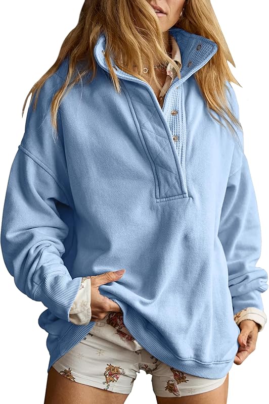 Sweatshirt for Women Oversized Casual Long Sleeve Button Henley Neck Pullover Tops Fashion Outfits Clothes