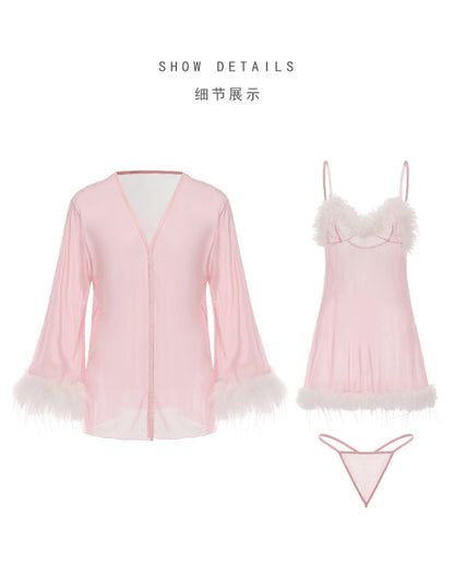 Womens Sexy 3 Piece Fuzzy Lingerie Set Transparent Tulle Nightshirt With Robe and G-String