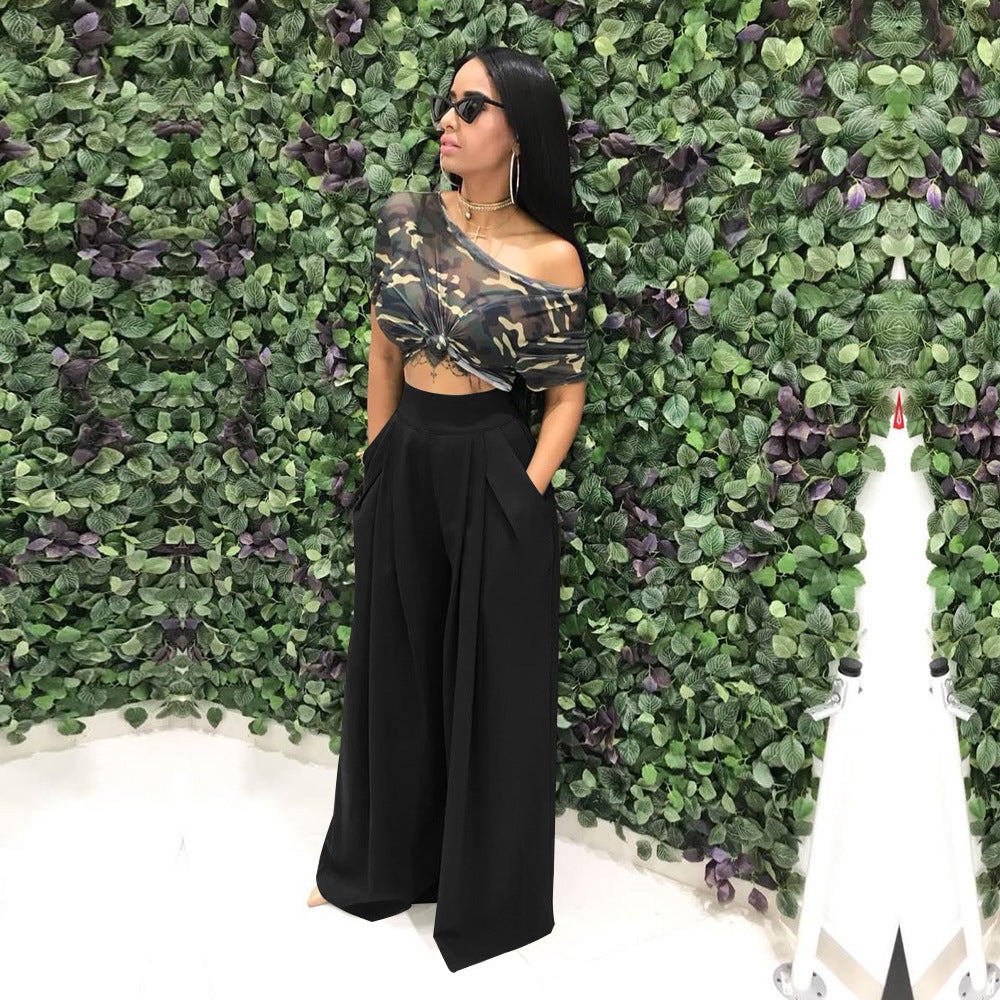 Women's Plain Plicated Pocket Wide Leg Pants, Casual Comfy High Waist Trousers for Summer, Ladies Bottoms for Daily Wear - Seldom Seen Styles