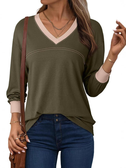 Women Blouses Dressy Casual Long Sleeve Shirts V Neck Color Block Tops Fall Outfits 2025 - Seldom Seen Styles