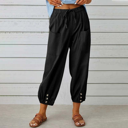 Women's Capri Pants High Waist Drawstring Cinch Bottom with Button Cotton Loose Casual Trouser with Pockets - Seldom Seen Styles