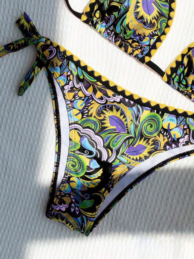 Women's Bikini Sets 2 Piece Halter Triangle Allover Print Swimsuit Set Boho Knot Side Bathing Suit Set