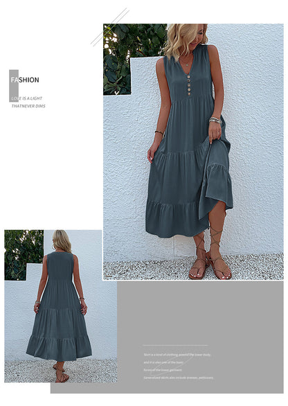 Summer Flowy Maxi Dress with Pockets Sleeveless Loose Casual Sundress V-Neck Tiered Sun Dress for Beach Cruise Vacations