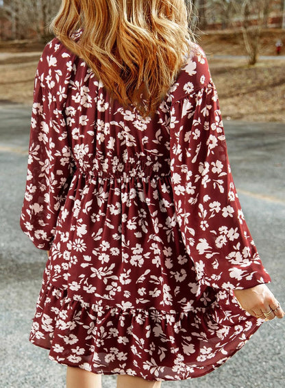 Womens Dresses 2025 Boho Floral V Neck Long Sleeve Smocked Elastic Waist Casual A-Line Swing Mini Dress Sundress