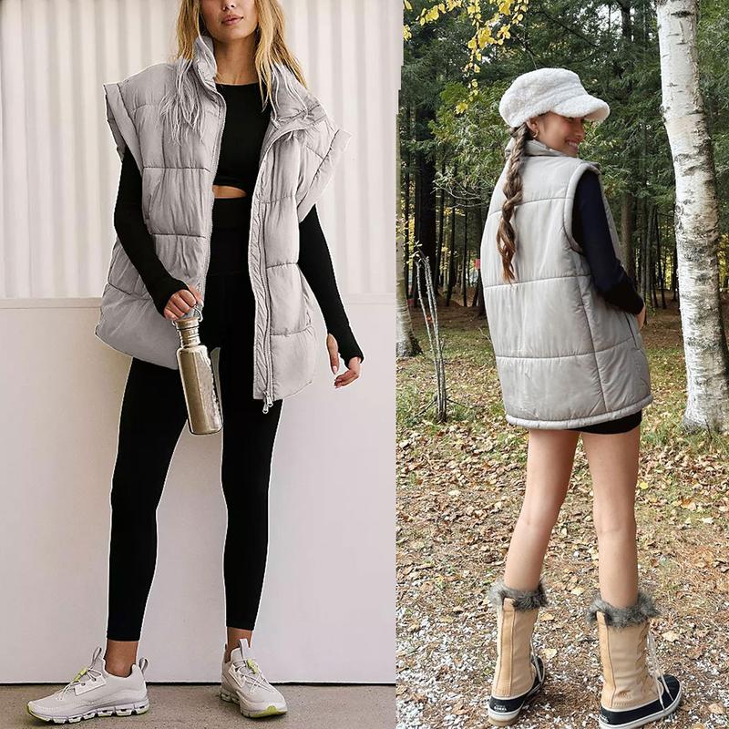 Women's Winter Oversized Puffer Vest Lightweight Stand Collar Flysleeve Insulated Padded Puffy Jackets Coat with Pockets Outerwear Casual Zipper Tops Black Fitted Minimalist FallFreshness - Seldom Seen Styles