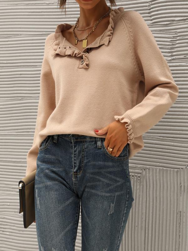 Women's Knit Pullover Sweater Tops - Casual Long Sleeve Button Down Crew Neck Ruffle Solid Color Striped - Knitwear, Womenswear - Seldom Seen Styles