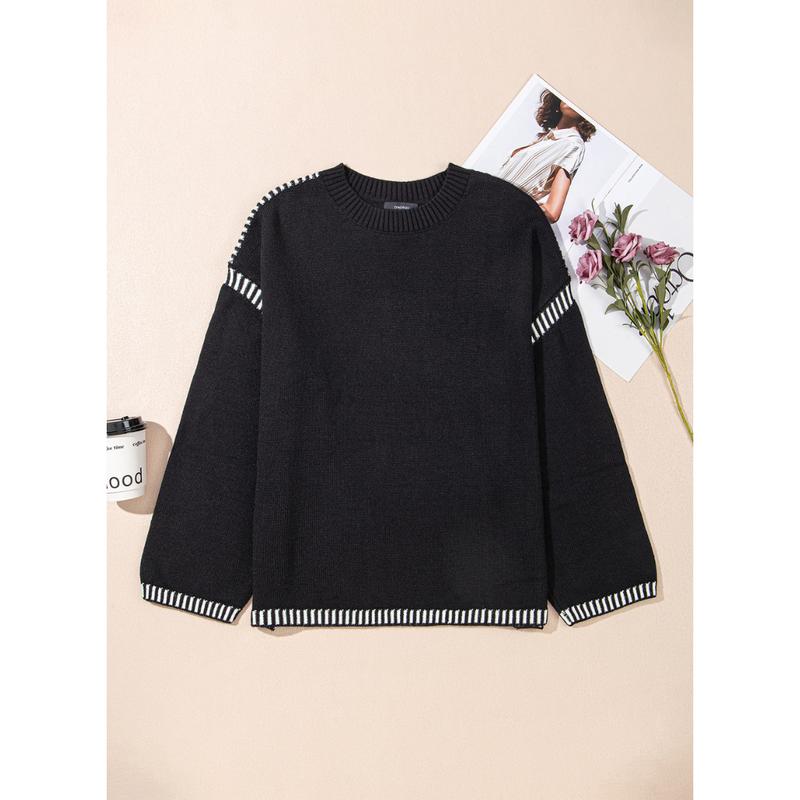 Sweaters for Women Fashion Solid Crewneck Loose Fit Long Sleeve Contrast Cable Knit Pullover Sweater Jumper Tops Knitwear Womenswear Knitwear Womenswear - Seldom Seen Styles