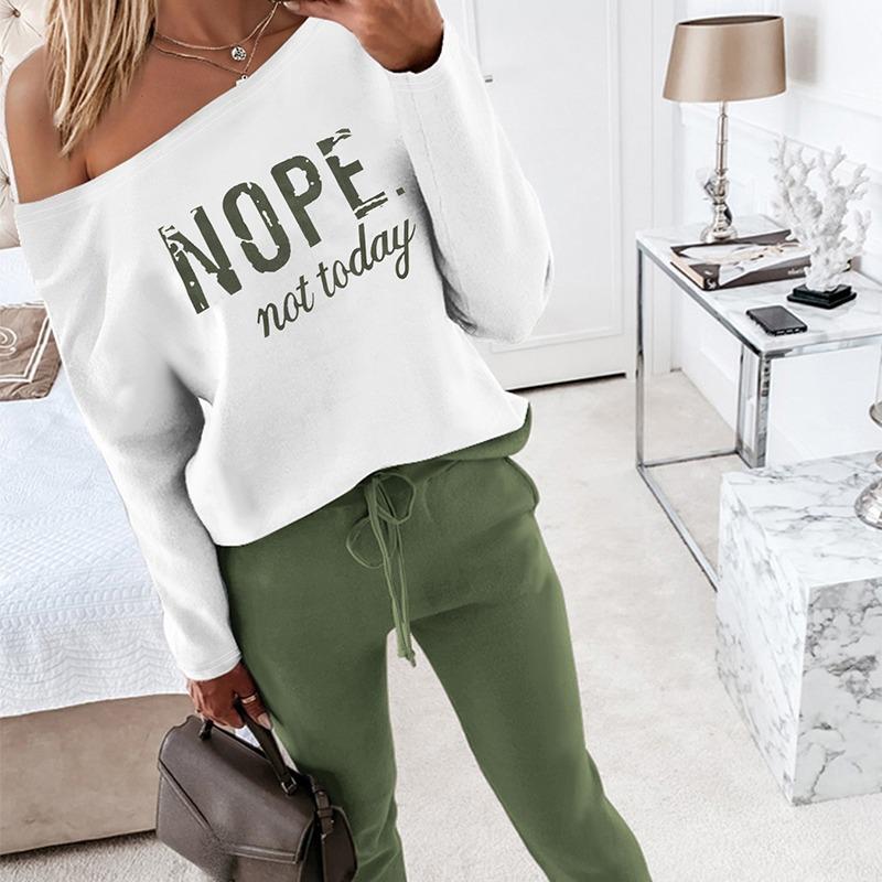 Women's 2 Piece Outfit Nope Not Today Print Skew Neck Long Sleeve Pullover Top with Stretchy Waist Long Pants Tracksuit Jogger Set - Seldom Seen Styles