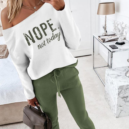 Women's 2 Piece Outfit Nope Not Today Print Skew Neck Long Sleeve Pullover Top with Stretchy Waist Long Pants Tracksuit Jogger Set - Seldom Seen Styles