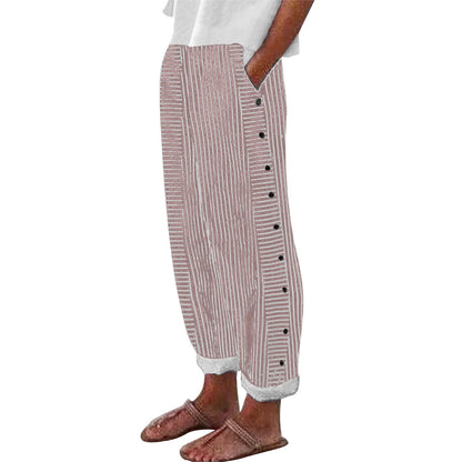 Linen Pants for Women Casual Straight Leg Elastic Waist Pants Stripe Print Beach Summer Pants with Pockets - Seldom Seen Styles