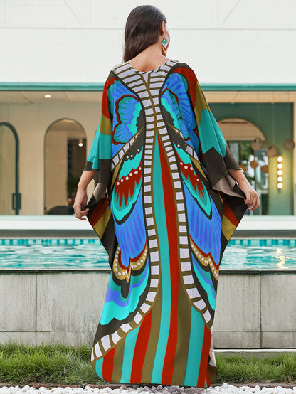 [Plus Size] Butterfly/feather Print Ruched Split Hem Tunic Dress, Valentine's Day Elegant Batwing Sleeve V Neck Long Dress for Summer, Casual Womenswear, Gift, Homecoming Dresses, Women's Clothes for Beach Holiday Vacation, Moo Moo Dresses