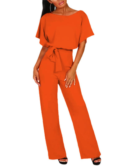 Womens Loose Short Sleeve Belted Wide Leg Pant Romper Jumpsuit Business Casual One Piece Outfits - Seldom Seen Styles