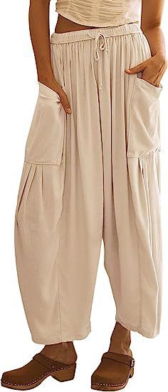Womens Wide Leg Pants Casual Loose Drawstring Flowy Summer Beach Palazzo Harem Pants with Pockets - Seldom Seen Styles