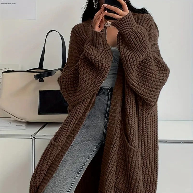 Women's Solid Drop Shoulder Long Cardigan, Casual Pocket Longsleeves Cardigan, Ladies Knitwear for Spring & Fall Daily Wear, Sweaters for Women, Knitting Womenswear - Seldom Seen Styles