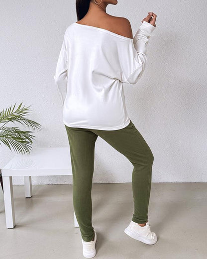 Women's 2 Piece Outfit Nope Not Today Print Skew Neck Long Sleeve Pullover Top with Stretchy Waist Long Pants Tracksuit Jogger Set - Seldom Seen Styles