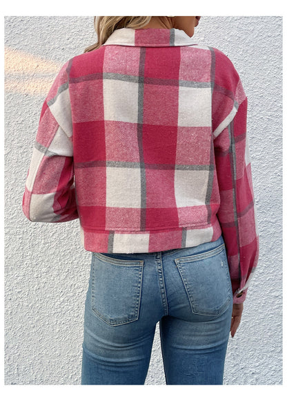 Women's Flannel Cropped Plaid Shacket Jacket Button Down Long Sleeve Shirts Tops