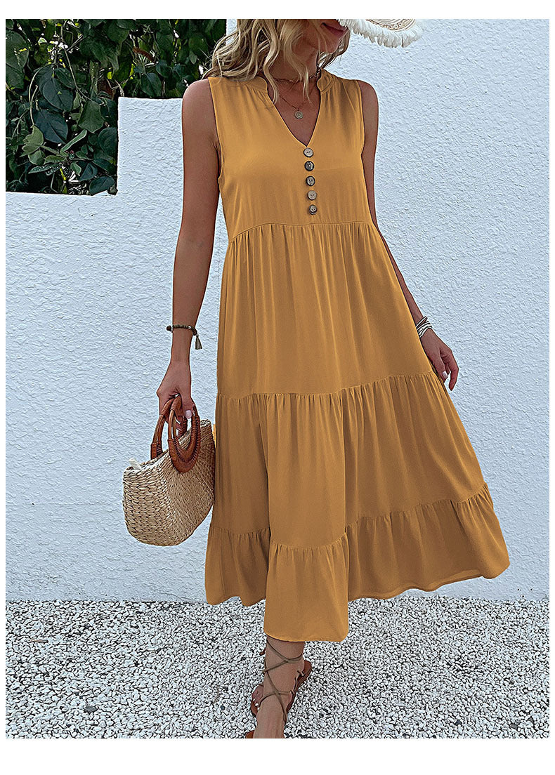 Summer Flowy Maxi Dress with Pockets Sleeveless Loose Casual Sundress V-Neck Tiered Sun Dress for Beach Cruise Vacations