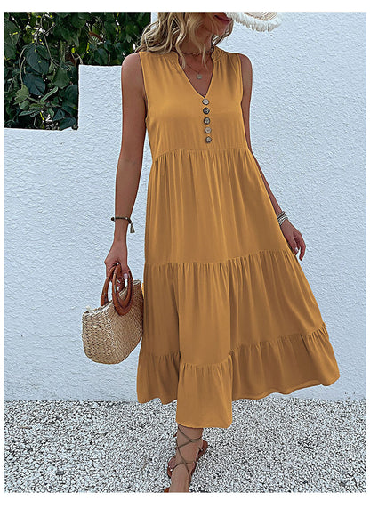 Summer Flowy Maxi Dress with Pockets Sleeveless Loose Casual Sundress V-Neck Tiered Sun Dress for Beach Cruise Vacations