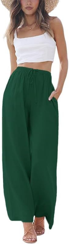 Women's Linen Summer Palazzo Pants Flowy Wide Leg Beach Pants with Pockets - Seldom Seen Styles