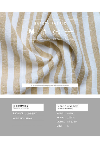 Women's Romper Woven V Neck Sleeveless Waist Tie Wide Leg Stripes Belted Jumpsuit Outfit Casual Dressy