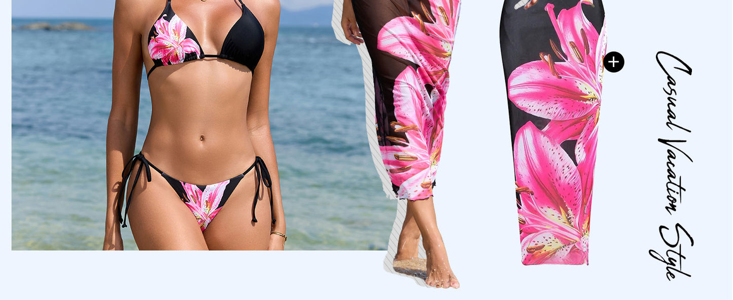 Womens 3pcs Swimsuit Floral Halter Triangle Bikini Top Tie Side Bottom with Long Sheer Cover Up Skirt