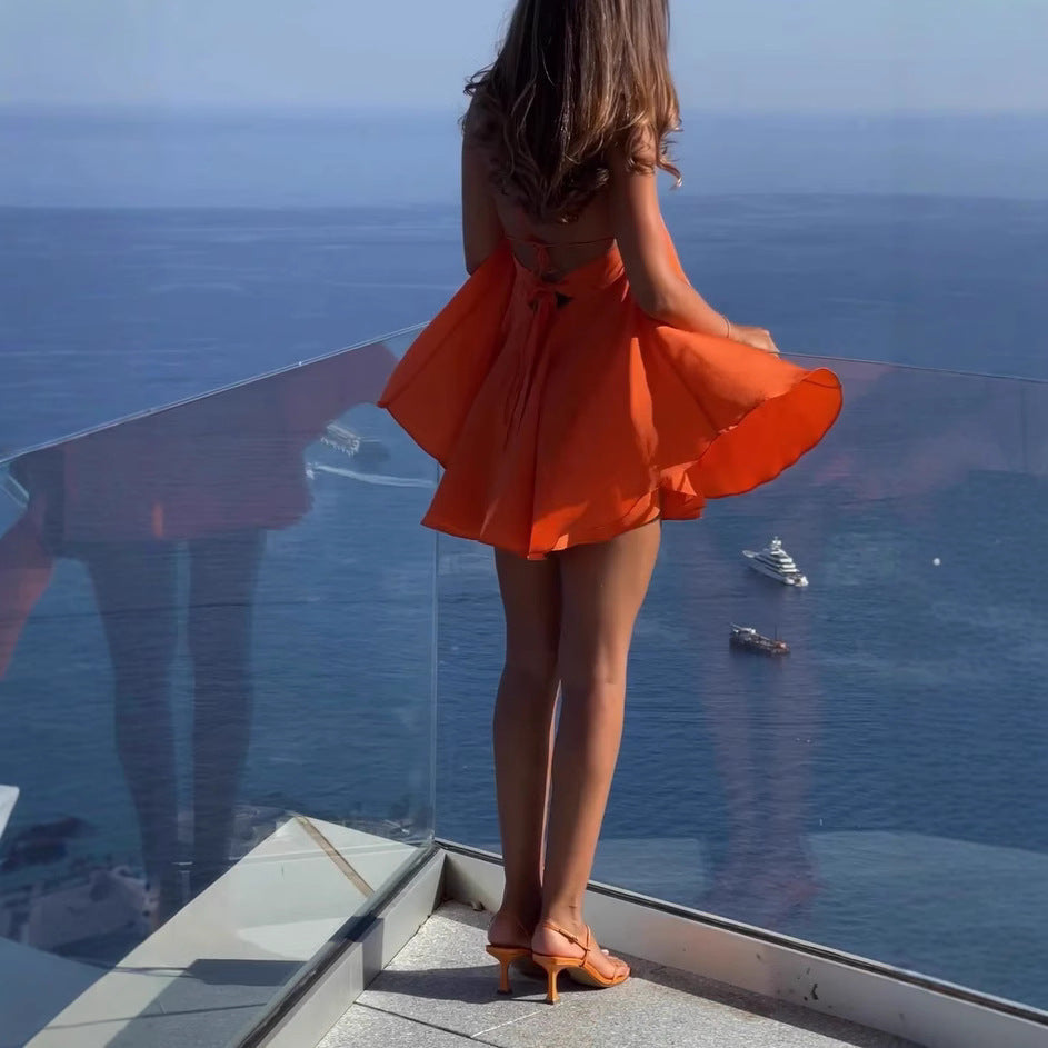 Women's Summer Halter Backless Mini Dress, Sexy A-Line Sleeveless Hollow Out Dress, Beach Vacation Casual Wear, Halloween - Seldom Seen Styles