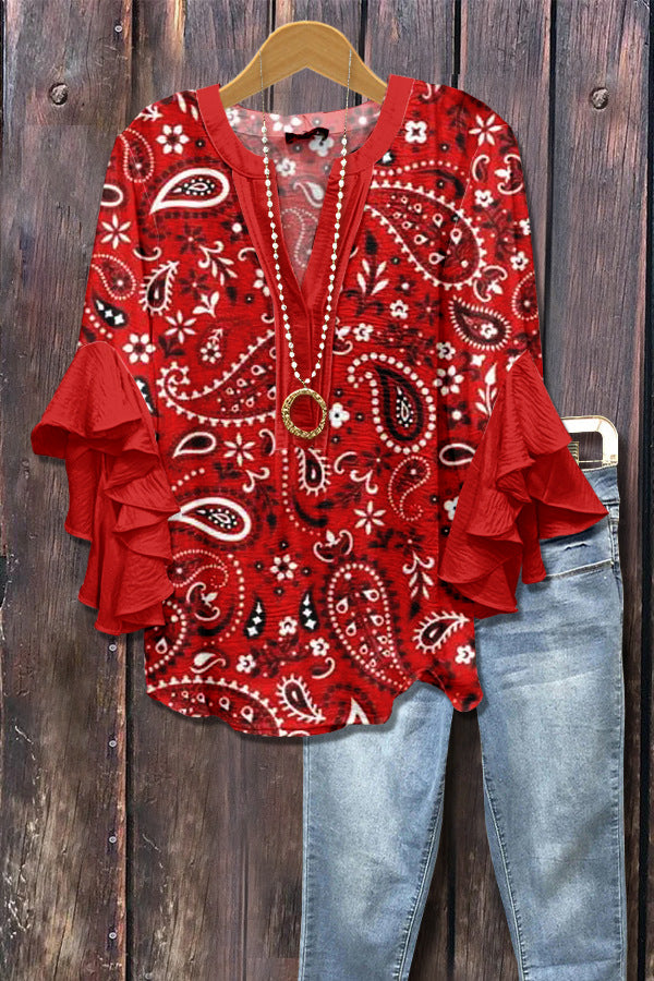 Retro Floral Print Layered Ruffle Sleeve Top Going Outfits Blouses Women Vintage 90s Tops Funny Shirts Women Elegant Classy Tops cute summer outfit