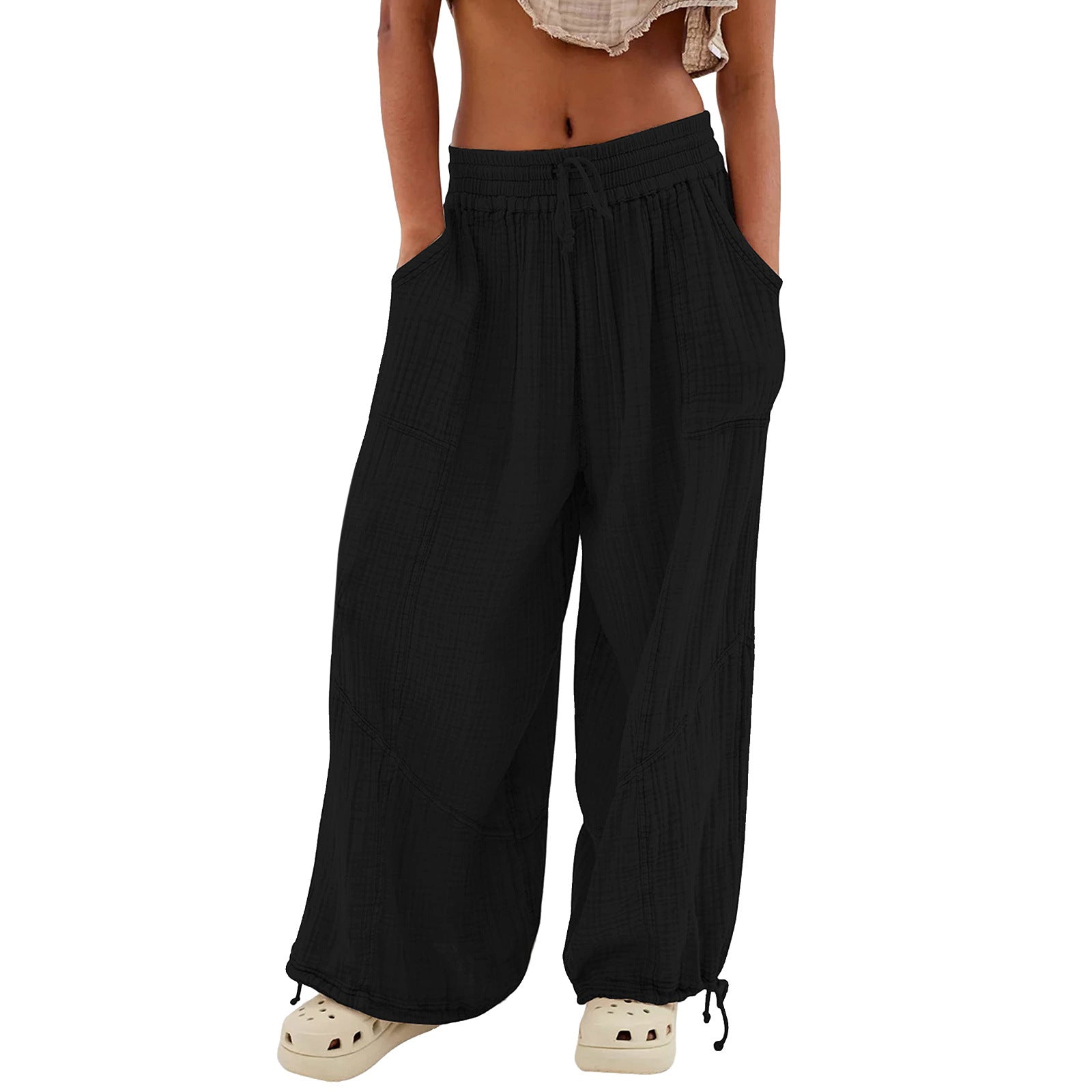 Womens Casual Loose Fit Wide Leg Cotton Pants Drawstring Stitching Baggy Pants Trousers with Pockets - Seldom Seen Styles