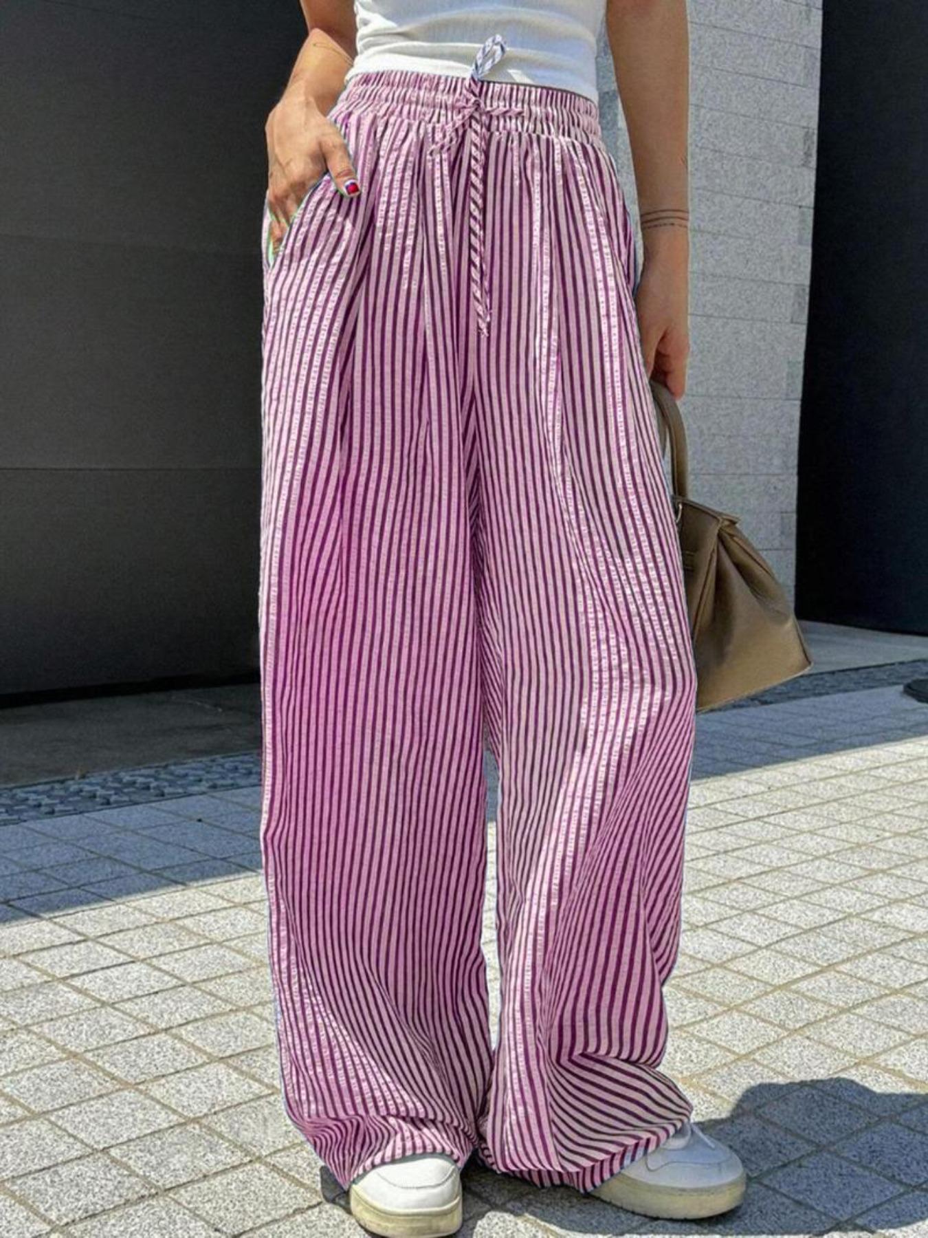 Women Casual Drawstring Elastic Waist Striped Wide Leg Pants with Pockets - Seldom Seen Styles