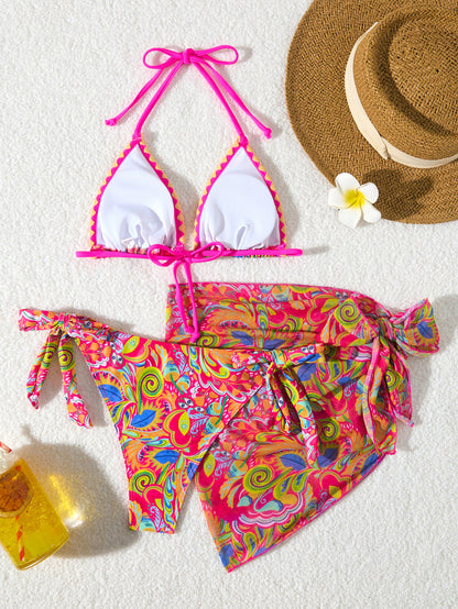 Women's Bikini Sets 2 Piece Halter Triangle Allover Print Swimsuit Set Boho Knot Side Bathing Suit Set