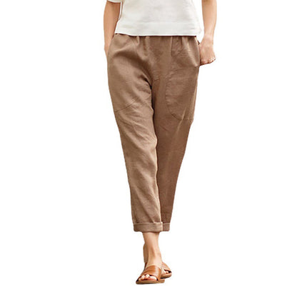 Women's Linen Cropped Pants Tapered Ankle Capris Trousers Elastic Waist - Seldom Seen Styles