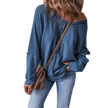 Women's Cotton Waffle Knit Casual Crew Neck Long Sleeve Back Seam Pullover Sweatshirt - Seldom Seen Styles