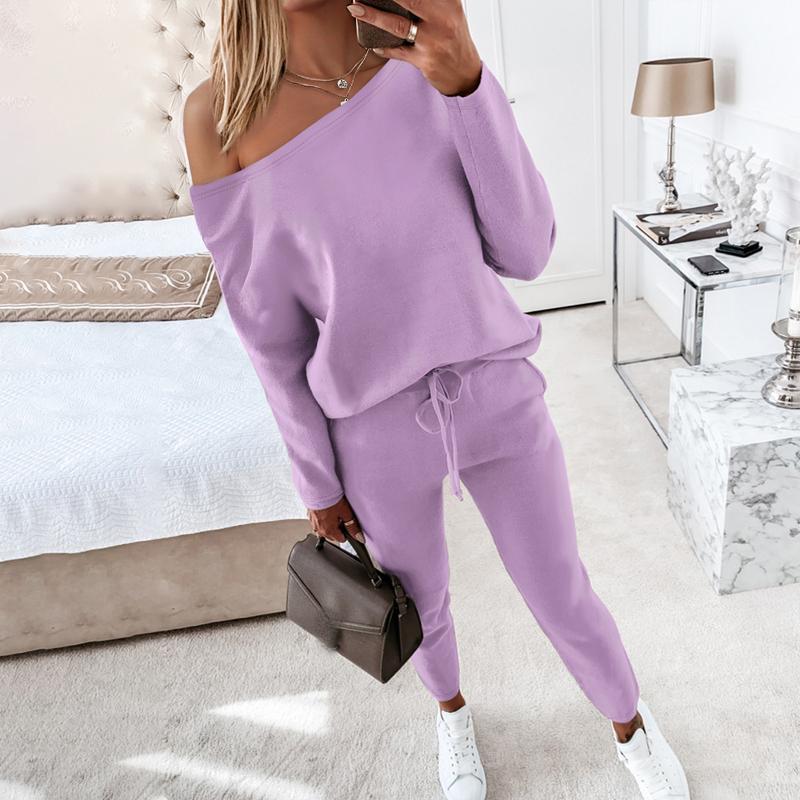 Women's 2 Piece Outfit Nope Not Today Print Skew Neck Long Sleeve Pullover Top with Stretchy Waist Long Pants Tracksuit Jogger Set - Seldom Seen Styles