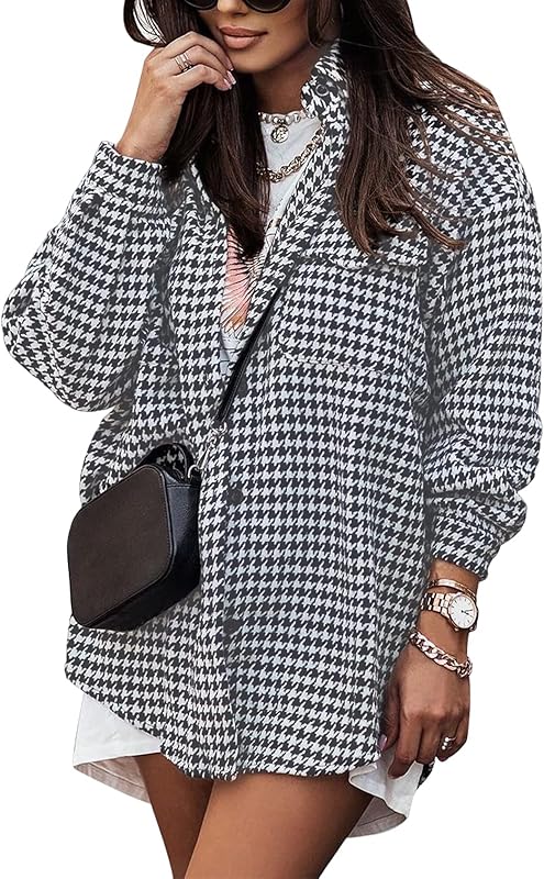 Plaid Jacket Women Casual Houndstooth Jacket Flannel Shacket Loose Long Sleeve Shirt Button Down Shacket with Pockets