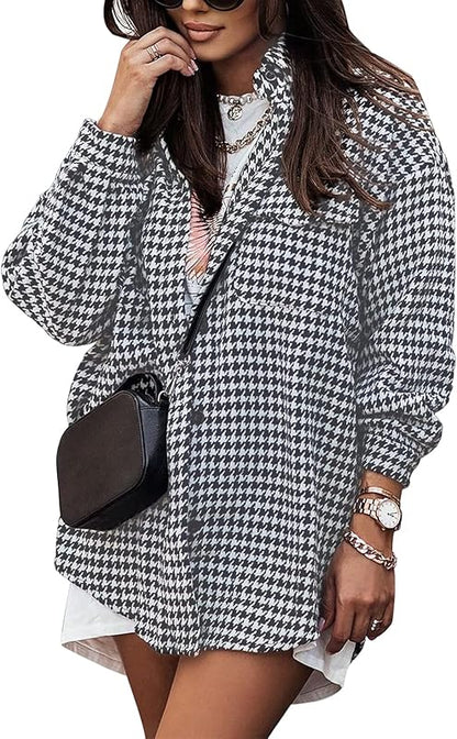 Plaid Jacket Women Casual Houndstooth Jacket Flannel Shacket Loose Long Sleeve Shirt Button Down Shacket with Pockets