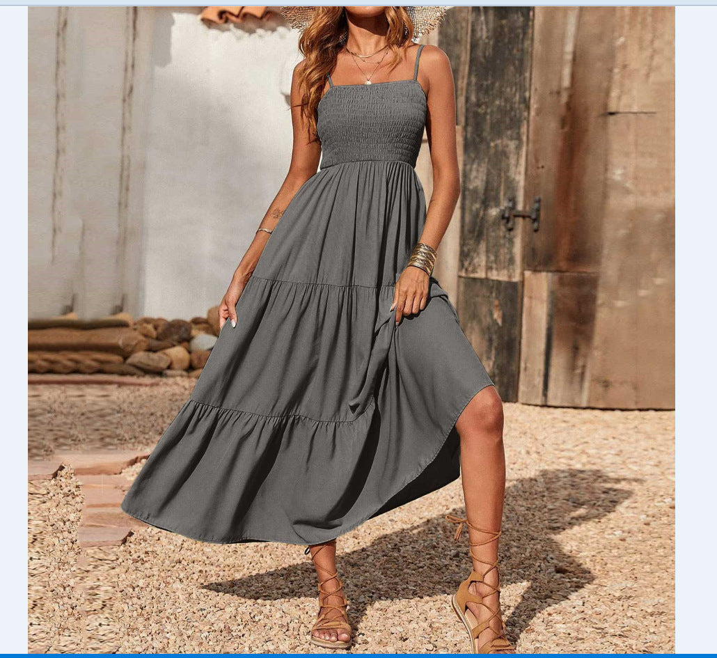 Women's Summer Midi Dress 2025 Casual Boho Sleeveless Spaghetti Strap Smocked Tiered Long Beach Sundresses