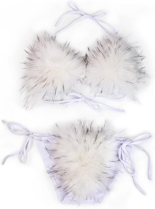 Women's Faux Fur Halter String Triangle Bikini Sets Two Piece Swimsuits - Seldom Seen Styles