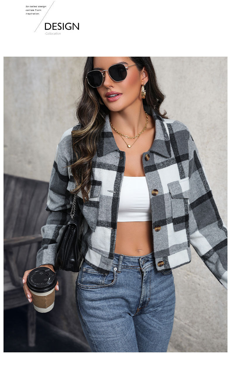 Women's Flannel Cropped Plaid Shacket Jacket Button Down Long Sleeve Shirts Tops