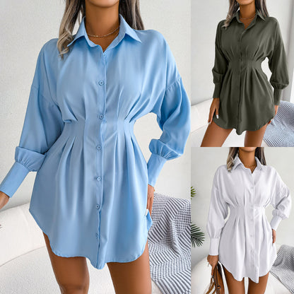 Women's Button Down Shirt Dress, Long Sleeve, Pleated Waist, Multiple Color Options Available - Seldom Seen Styles