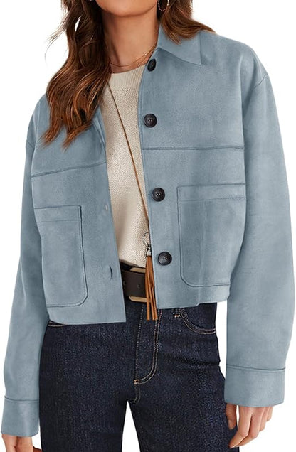 Women's Faux Suede Cropped Jacket Casual Lightweight Fall Fashion 2025 Winter Coats Outerwear Trendy Clothes