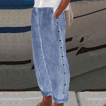 Linen Pants for Women Casual Straight Leg Elastic Waist Pants Stripe Print Beach Summer Pants with Pockets - Seldom Seen Styles