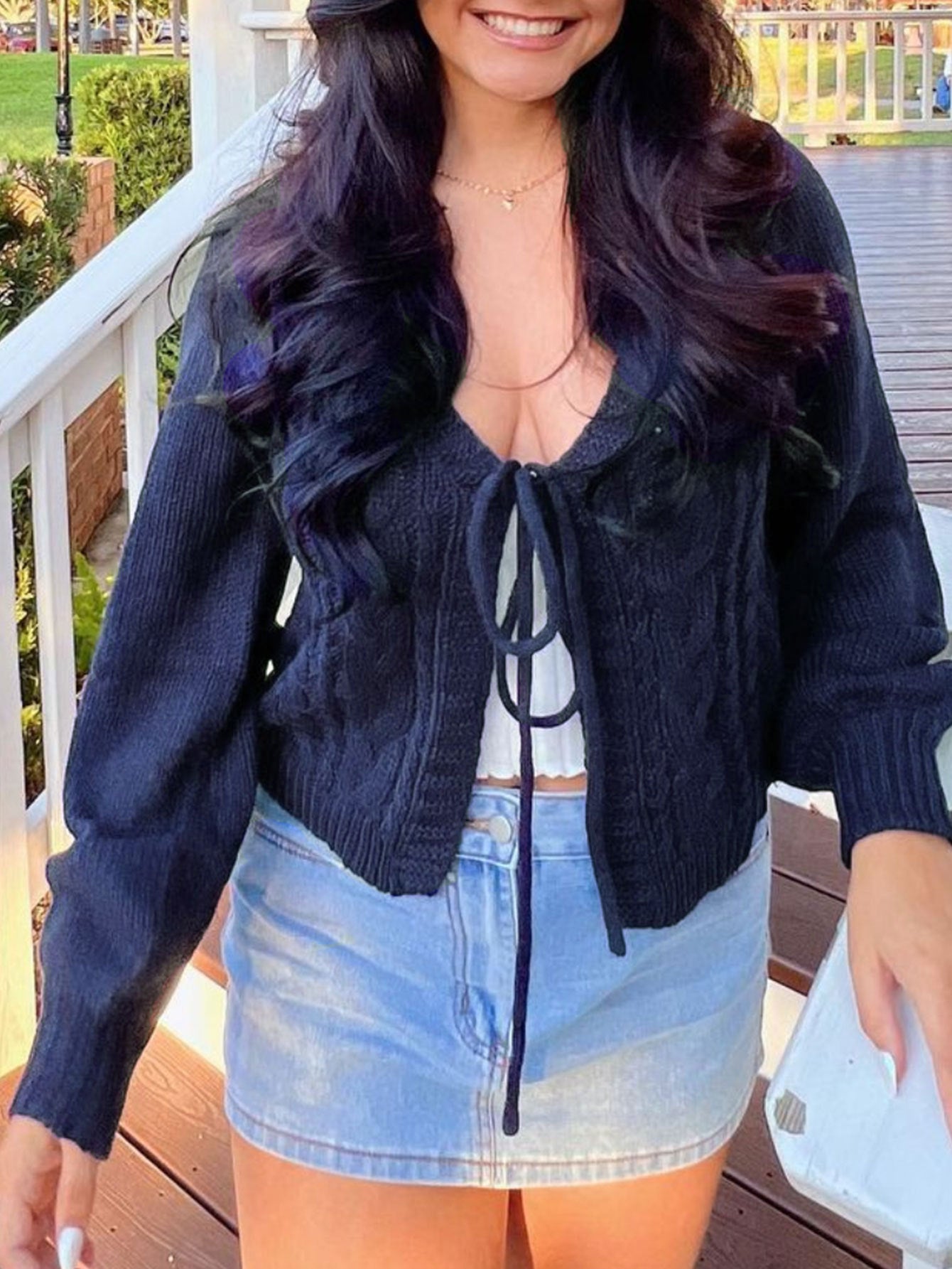 Women's Solid Drop Shoulder Tie Front Blue Cardigan,Comfort Basic Minimalist Fashion Casual Long Sleeve V Neck Knitwear for Fall & Winter, Lady Knitting Fabric Tops,Women Clothing for Daily Outdoor Wear, Womenswear - Seldom Seen Styles