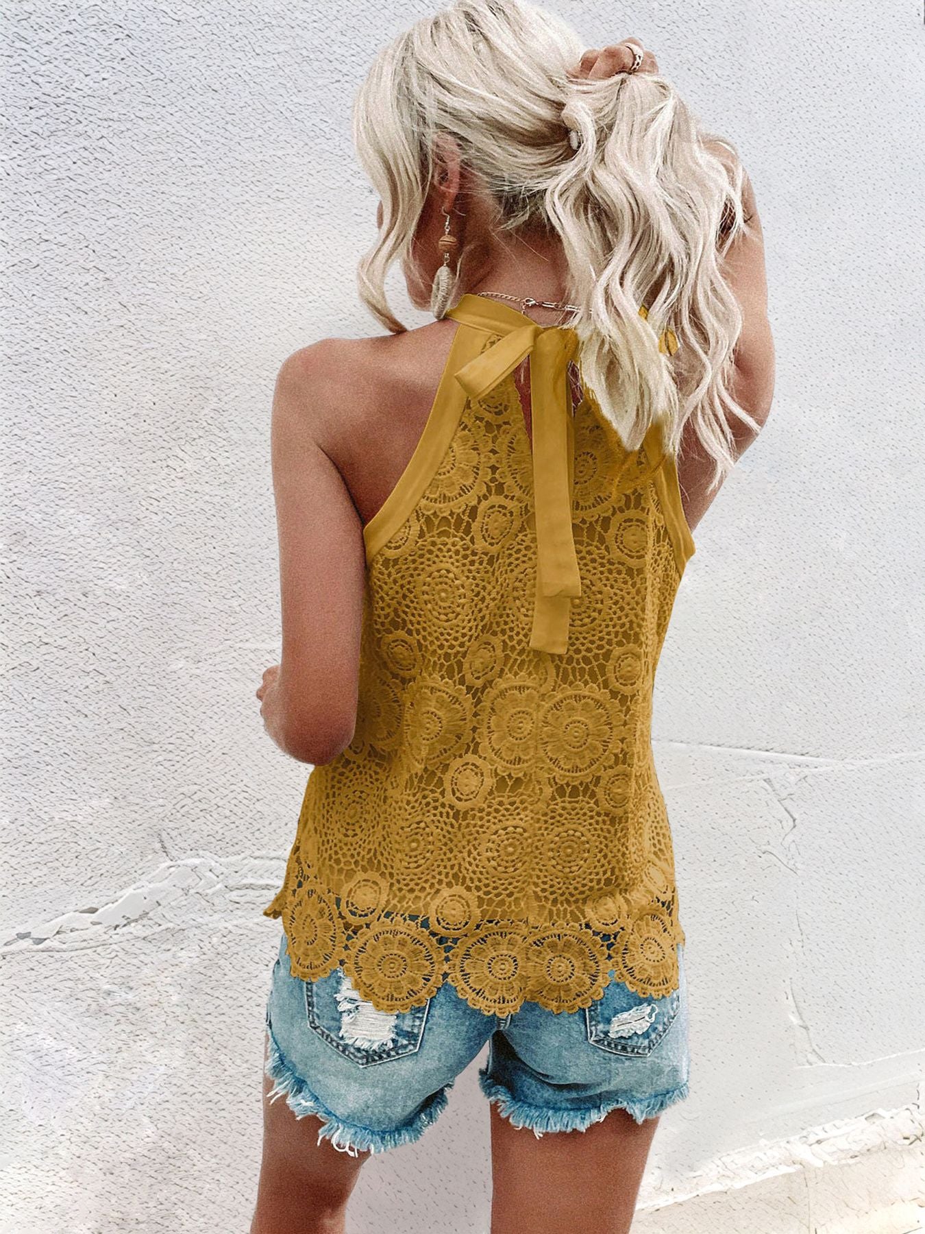Women's Tank Tops Hollow Out Lace Boho Blouse Eyelet Embroidery Sleeveless Tops Shirts