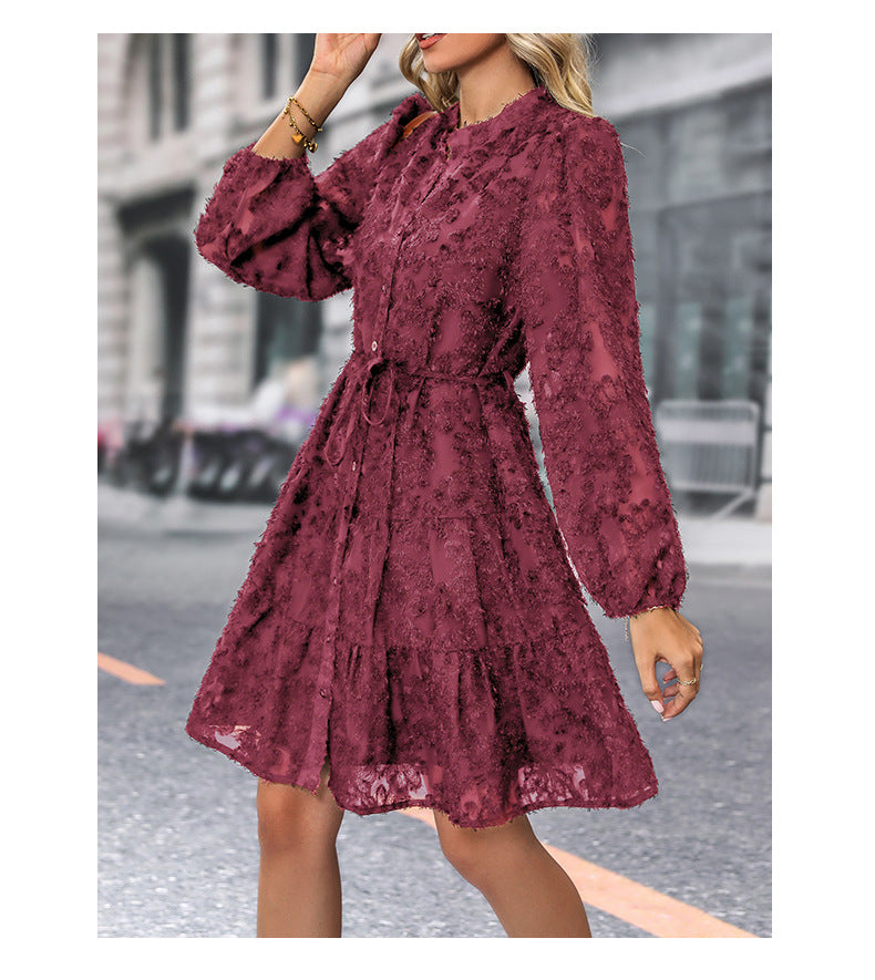 Womens Long Sleeve Fall Dresses 2024 Button Up Empire Waist with Belt A-Line Mini Dress Casual Fall Winter Dress
