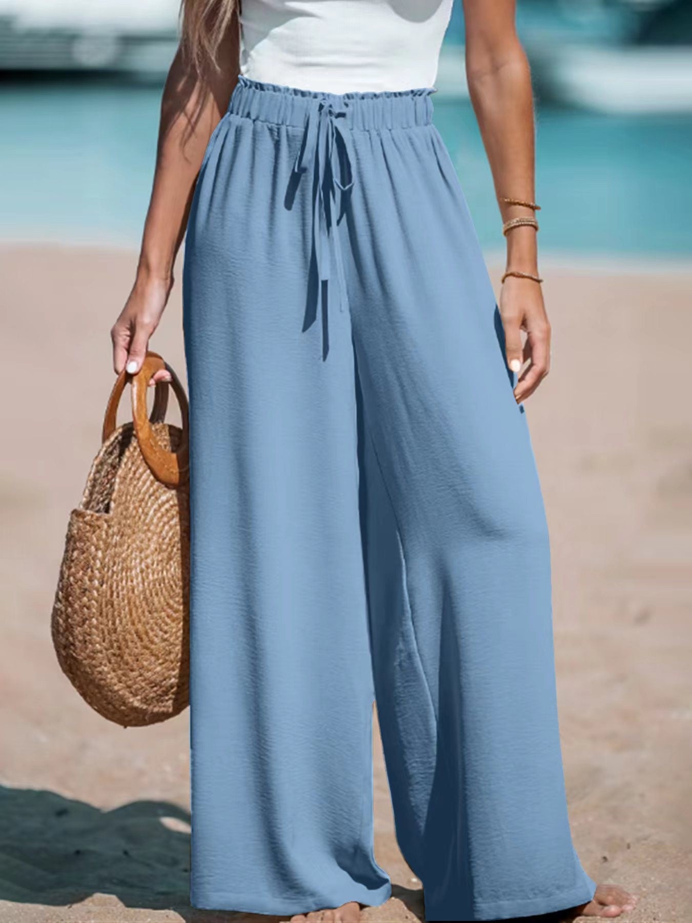 Women Wide Leg Pants High Waisted Trousers Linen Palazzo Lounge Beach Cover Ups Flowy Pants - Seldom Seen Styles