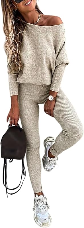 2 Piece Lounge Outfit 2025 Long Sleeve Knit Pullover Tops Drawstring Pants Set Tracksuit Sweatsuit - Seldom Seen Styles