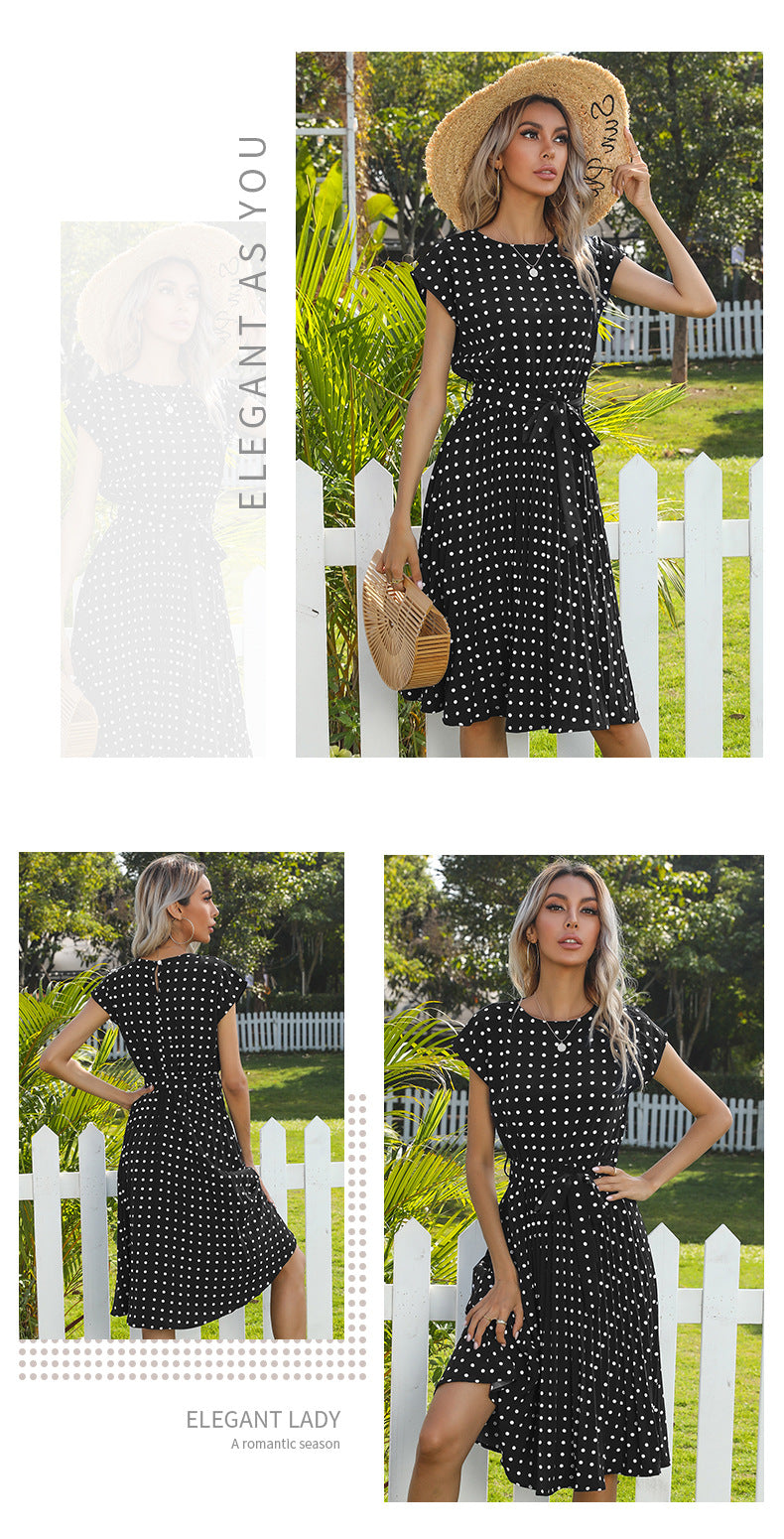 Polka Dot Dress for Women Casual Summer Midi Dress Crew Neck Short Sleeve